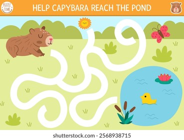 Fun simple maze for kids with capybara going to pond through summer meadow. Capibara preschool printable activity with cute animal. Labyrinth game or puzzle with nature landscape, lake