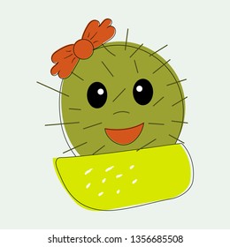 Fun simple naive cute cactus girl with red the bow flower on the head in yellow pot.For decoration of children t-shirts,dresses, pajamas,bed linen,underwear,pillowcases and pillows.Vector illustration