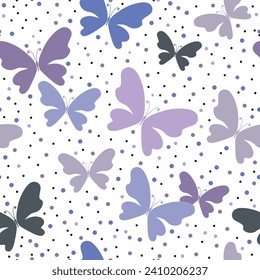Fun simple seamless spring pattern with flying butterflies and colorful dots in pastel colors on a transparent background. Vector image