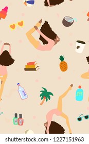 Fun and simple yoga girls and beach icon doodle seamless pattern