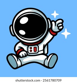 fun sitting astronaut with stars cartoon character isolated colored drawing line art style sketch classic vintage design illustration