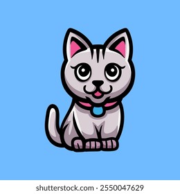 fun sitting cat cartoon character colored isolated drawing line art style sketch classic vintage design illustration
