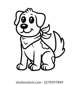 fun sitting dog wear scarf cartoon character isolated drawing line style sketch classic vintage design illustration