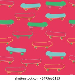 Divertido patrón sin fisuras de monopatín para niños y adolescentes. Estilo Urbana moderno fondo rosa brillante. Fondo de pantalla creativo de estilo extremo deportivo y diseño de tela.