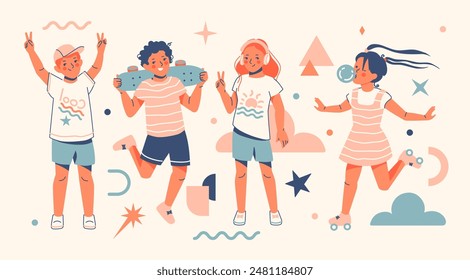 Fun Skater boy, cool girl on roller blades, casual style teenagers showing cool gestures. Teenager kids enjoying careless summer. Happy hand drawn concept. Flat style vector illustration.