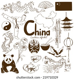 Fun sketch collection of Chinese icons, countries alphabet