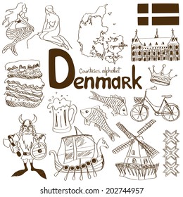 Fun sketch collection of Denmark icons, countries alphabet