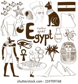 Fun sketch collection of Egypt icons, countries alphabet