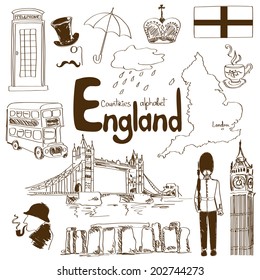 Fun sketch collection of England icons, countries alphabet