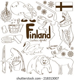 Fun sketch collection of Finland icons, countries alphabet