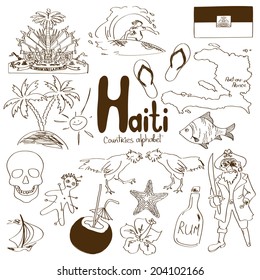 Fun sketch collection of Haiti icons, countries alphabet