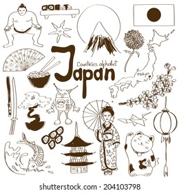 Fun sketch collection of Japan icons, countries alphabet