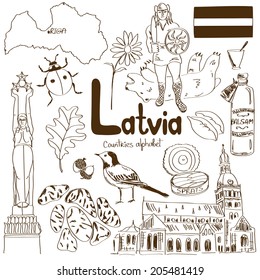 Fun sketch collection of Latvia icons, countries alphabet