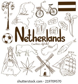 Fun sketch collection of Netherlands icons, countries alphabet