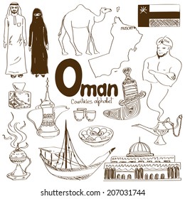 Fun sketch collection of Oman icons, countries alphabet