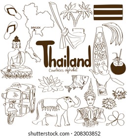 Fun sketch collection of Thailand icons, countries alphabet