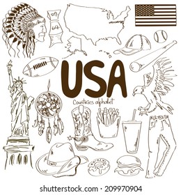 Fun sketch collection of USA icons, countries alphabet