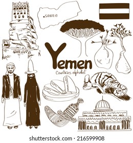 Fun sketch collection of Yemen icons, countries alphabet