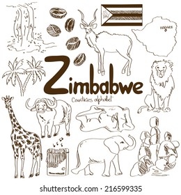 Fun sketch collection of Zimbabwe icons, countries alphabet