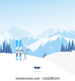 fun skiing on the iceberg accompanied by ski equipment, goggles and more. winter vector in an elegant flat style.