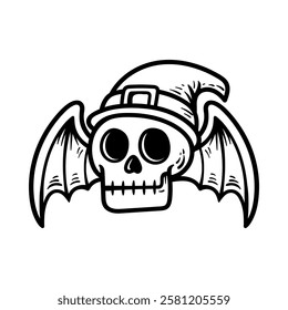 fun skull wear wizard hat with bat wings mascot isolated drawing line style sketch classic vintage design illustration