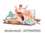 Fun sleepover party of girls best friends in pajamas. Female characters lying on bed in bedroom, laughing and talking, young women drinking wine and eating fast food cartoon vector illustration