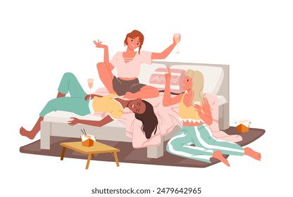 Fun sleepover party of girls best friends in pajamas. Female characters lying on bed in bedroom, laughing and talking, young women drinking wine and eating fast food cartoon vector illustration