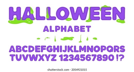 Fun slime drip Halloween font design - alphabet, letters and numbers set in comic style with glow silicon drops as a fidget toys popit. Monster style with green splashes. Isolated cartoon vector