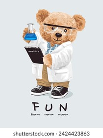 slogan divertido con muñeca de oso en laboratorio de química uniforme ilustración vectorial de mano