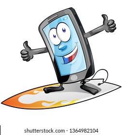 fun smartphone character cartoon  on surfboard. isolated on white background. clip art vector