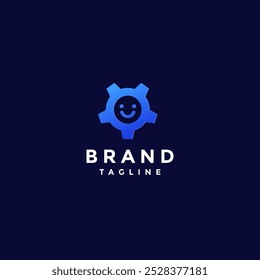 Fun Smile Gear Bot Logo Design. Smile Emoticon Inside Gear Icon Logo Design.
