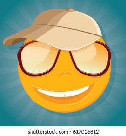 Fun smiley with sunglasses and a baseball cap. Vector illustration.