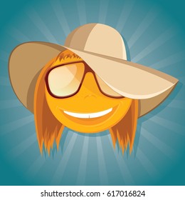 Fun smiley with sunglasses and a beach hat. Vector illustration.
