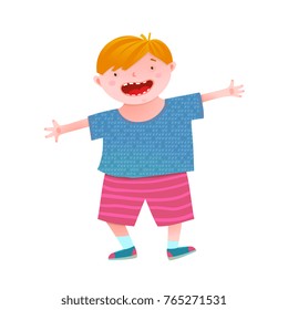 Fun Smiling Little Boy Red Head Kid . Childish boy mascot funny and cheerful vivid colors. Vector illustration. 