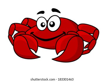 Fun smiling red cartoon marine crab with big front claws for seafood design, isolated on white