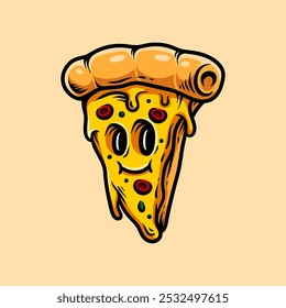 Fun smilling face cartoon of sliced pizza with vintage classic art line style