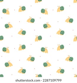 Fun snails with polka dots cute seamless pattern. Vector hand drawn background for kids room decor, nursery art, wrapping paper, textile, wallpaper, gift, fabric, card, packaging, apparel.