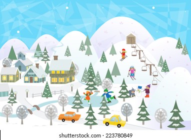 Fun In The Snow - Detailed scenery of a town in snow with mountains, lake and people doing activities. Eps10