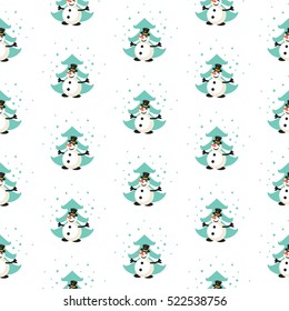 Fun snowman in the forest seamless vector pattern. Green pines and snow white background.