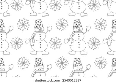 Fun snowman and snowflake seamless pattern for holiday coloring pages, perfect for Christmas and New Years winter activities.