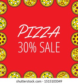 Fun social media banner with repeat pizzas with different flavors on the red background. Vector template with 30% sale for restaurant, pizzeria, cafe, bakery