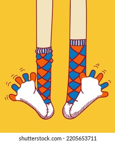 Calcetines divertidos en las piernas. Ilustración de color de línea dibujada a mano del vector. Colores dibujos animados piernas con calcetines de hombre.