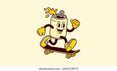 Divertido refrigerante pode personagem patins em um skate