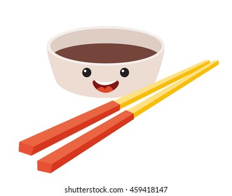 Fun Soy sauce vector cartoon character. Cute Soy sauce's faces with chopstick, tai food. Happy sushi characters, vector illustration isolated on white background