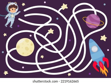 Fun space maze for kids. Help the astronaut get to the rocket. Collection of games for children.