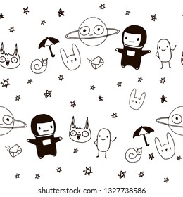 Fun space pattern. Kids cartoon vector illustration. Seamless background with stars, saturn, astronaut and cute aliens. Design can be used for baby wallpaper, textile, card, wrapping paper.