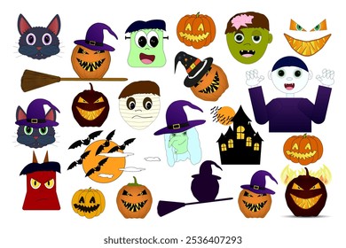 A fun and spooky collection of cartoon monsters, pumpkins, witches and other Halloween-themed characters. Perfect for decor and crafts. Set for Halloween.