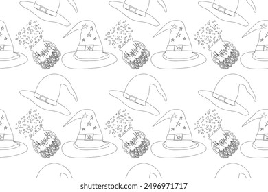 Fun and spooky Halloween coloring page featuring witch hats and bubbling cauldrons. Perfect for kids and adults alike.