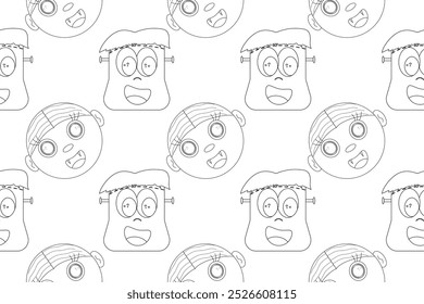 Divertida y espeluznante página para colorear de Halloween con caras de vampiro estilo dibujos animados y monstruos de Frankenstein. Perfecto para actividades infantiles.