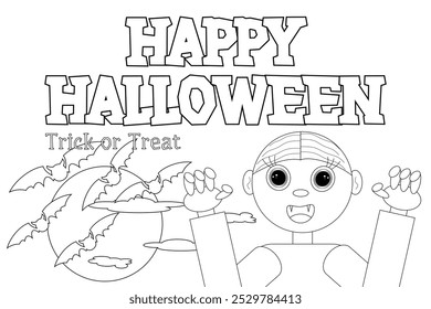 A fun and spooky Halloween coloring page featuring a cute vampire, bats, and a full moon. Perfect for kids creative activities.